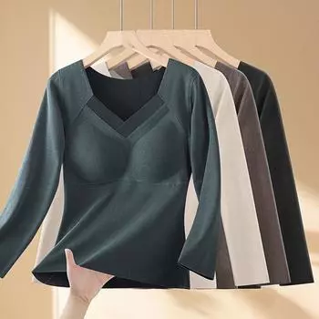 Женский двухсторонний бархатный самосогревающийся топ с фиксированными чашками, утолщенной талией, длинными рукавами - теплая осенняя рубашка. XL (130-150 catties)