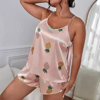 Женский дышащий повседневный пижамный комплект с принтом ананаса, стильный сексуальный свободный мягкий комплект с лифом для дома с открытой спиной и V-образным вырезом, шорты с высокой талией, комплект одежды для сна 3XL
