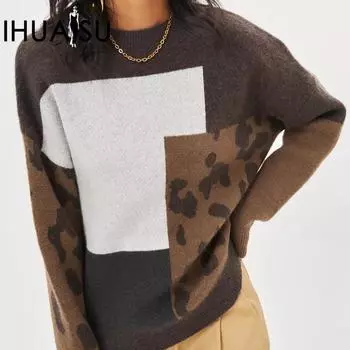 Женский джемпер IHUASU с леопардовым принтом, осенне-зимняя свободная верхняя одежда в стиле ретро, ленивый ветер, вязаный темпераментный пуловер, топы one size зелёный