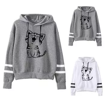 Женский джемпер с длинным рукавом в полоску и принтом, толстовка с капюшоном, пуловер, топы M серый