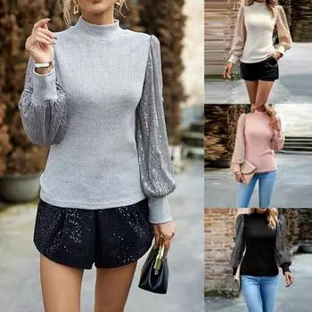 Женский джемпер с высоким воротом, топы с блестками, рубашка в рубчик с длинными рукавами, пуловер S чёрный