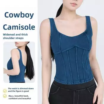 Женский джинсовый эластичный боди для йоги с накладками на грудь Спортивная верхняя одежда S чёрный