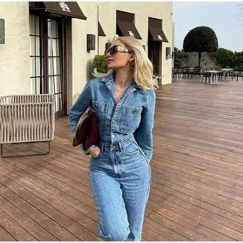 Женский джинсовый комбинезон с длинным рукавом, элегантный женский джинсовый комбинезон с лацканами, летние офисные женские комбинезоны S