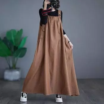 Женский джинсовый комбинезон, свободное платье-комбинезон без рукавов в стиле бохо с карманами, платье-сарафан с широким подолом и регулируемым ремешком M синий