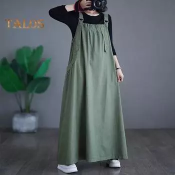 Женский джинсовый комбинезон, свободное платье-комбинезон без рукавов в стиле бохо с карманами, платье-сарафан с широким подолом и регулируемым ремешком M синий