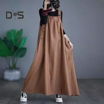 Женский джинсовый комбинезон, свободное платье-комбинезон без рукавов в стиле бохо с карманами, платье-сарафан с широким подолом и регулируемым ремешком M синий