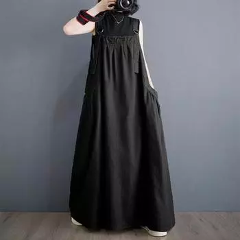 Женский джинсовый комбинезон Yousheng, свободное джинсовое платье без рукавов в стиле бохо с карманами, сарафан с широким подолом и регулируемым ремешком M синий