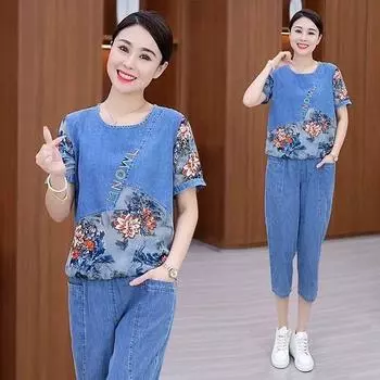 Женский джинсовый костюм на весну и лето, размер плюс, круглый вырез, короткие рукава + эластичный пояс, укороченные брюки для похудения, комплект из двух предметов S