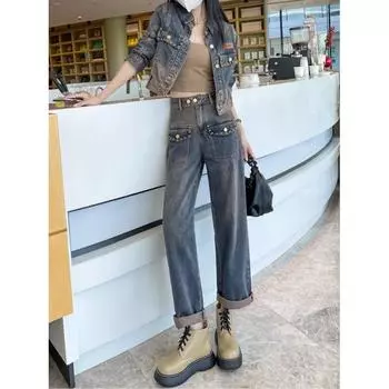 Женский джинсовый костюм на весну и осень, короткая куртка с длинными рукавами + прямые широкие брюки, комплект из двух предметов 3XL