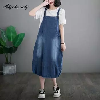 Женский джинсовый мешковатый сарафан больших размеров в корейском стиле, подтяжки, повседневное свободное платье на бретелях, винтажное платье без рукавов из стираного хлопка больших размеров M