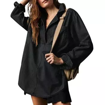 Женский джинсовый пуловер, повседневная блузка с V-образным вырезом, свободный крой, длинный рукав, джинсовая куртка с карманом S чёрный