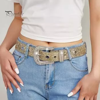 Женский джинсовый ремень с блестящими стразами и несколькими отверстиями, регулируемая длина пояса со сверкающей пряжкой, широкий пояс из сплава серебряный