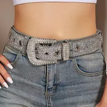 Женский джинсовый ремень с блестящими стразами и несколькими отверстиями, регулируемая длина пояса со сверкающей пряжкой, широкий пояс из сплава розовый