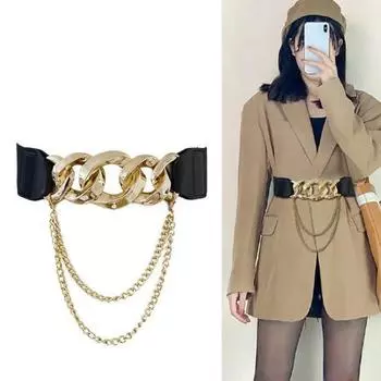 Женский джинсовый ремень в стиле ретро, эластичная лента, металлическая цепочка, декор, платье, застежка на ремень, лента, рубашка, топы, пояс, аксессуары для одежды золотистый