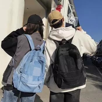 Женский джинсовый рюкзак с коллажем, мужской компьютерный рюкзак большой емкости, школьная сумка для студентов светло-синий