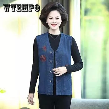 Женский джинсовый жилет без рукавов с цветочной вышивкой и большим карманом, весенне-осеннее свободное повседневное пальто, жилеты XXXXXL