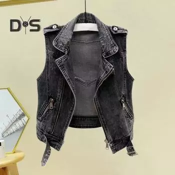 Женский джинсовый жилет без рукавов с лацканами, сплошной цвет в стиле хип-хоп, винтажный жилет на молнии с карманами на молнии, уличная одежда больших размеров, женский весенне-осенний короткий жилет L черный серый
