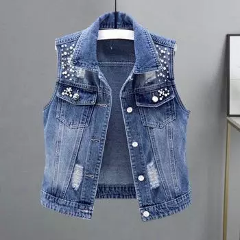 Женский джинсовый жилет без рукавов, свободный лацкан, декор из бисера, однобортный однобортный однотонный винтажный прочный шов в стиле хип-хоп, уличная одежда, женский осенне-весенний жилет L синий
