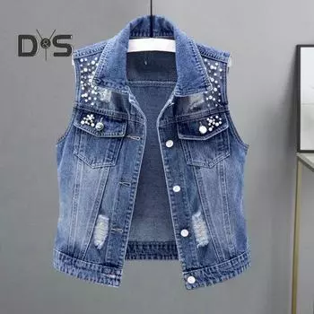 Женский джинсовый жилет без рукавов, свободный, с лацканами, с отделкой из бисера, однобортный, однотонный, винтажный, с фирменной строчкой, в стиле хип-хоп, уличная одежда, женский жилет на осень и весну L синий