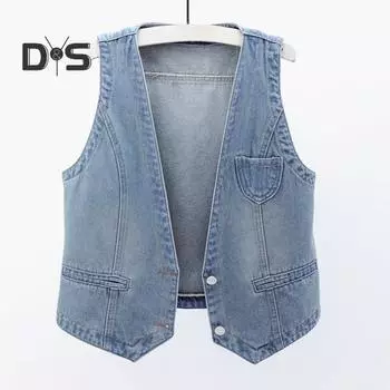 Женский джинсовый жилет без рукавов, свободный V-образный вырез, двойные пуговицы, сплошной цвет, винтажный твердый шов, уличная одежда в стиле хип-хоп, женский осенне-весенний жилет L синий