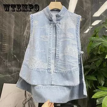 Женский джинсовый жилет без рукавов в китайском стиле в стиле ретро, весеннее и летнее свободное повседневное пальто нерегулярной формы XL синий