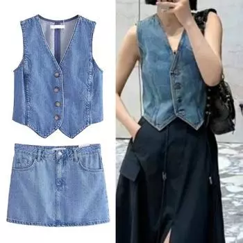 Женский джинсовый жилет Юбка с V-образным вырезом без рукавов Однобортный кардиган Жилет Сплошной цвет Карманы Slim Fit Кнопка на молнии Мини-юбка L синий