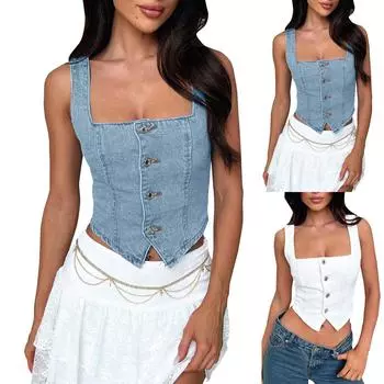 Женский джинсовый жилет на пуговицах, однотонный топ на подтяжках L синий