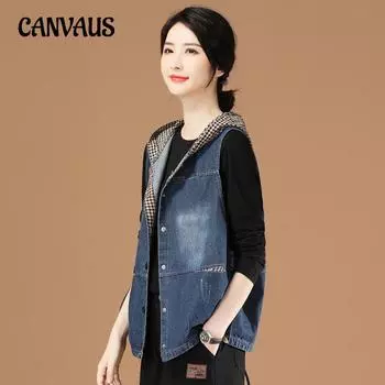 Женский джинсовый жилет с капюшоном, осенняя повседневная куртка без рукавов, жилет M