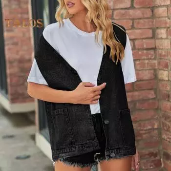 Женский джинсовый жилет с v-образным вырезом и накладными карманами без рукавов, однобортный кардиган, однотонный, повседневный, уличная одежда без рукавов, женский жилет 2XL синий