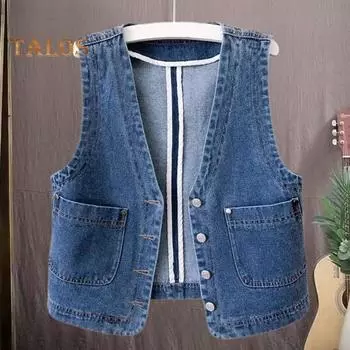 Женский джинсовый жилет с v-образным вырезом и накладными карманами без рукавов, однобортный кардиган, однотонный, повседневный, уличная одежда без рукавов, женский жилет M синий