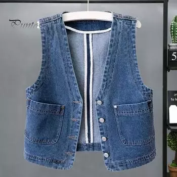 Женский джинсовый жилет с v-образным вырезом и накладными карманами без рукавов, однобортный кардиган, однотонный, повседневный, уличная одежда без рукавов, женский жилет M синий