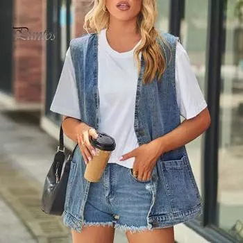 Женский джинсовый жилет с v-образным вырезом и накладными карманами без рукавов, однобортный кардиган, однотонный, повседневный, уличная одежда без рукавов, женский жилет 2XL синий