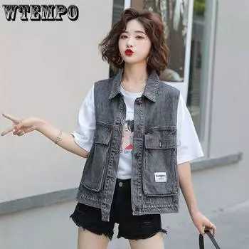 Женский джинсовый жилет, весенне-осенний свободный студенческий жилет с большими карманами и универсальный жилет без рукавов M