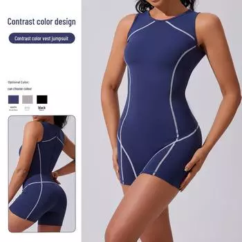 «Женский европейский и американский контрастный комбинезон для йоги без рукавов»: Дышащий, обтягивающий, летний вариант для танцев и воздушных видов спорта. L (Europe) чёрный