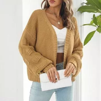Женский европейский и американский мягкий модный вязаный кардиган повседневный ретро дикий фонарь рукав свитер свободный однотонный V-образный вырез длинный рукав джемпер кардиган