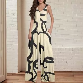 Женский европейский и американский принтованный комбинезон на шнуровке с V-образным вырезом и карманами, широкий комбинезон XL бежевый