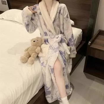 Женский фланелевый халат Домашняя одежда для сна Цветочный принт Шаль воротник Халат Кимоно Халат с поясом Зимняя теплая пижама Одежда M