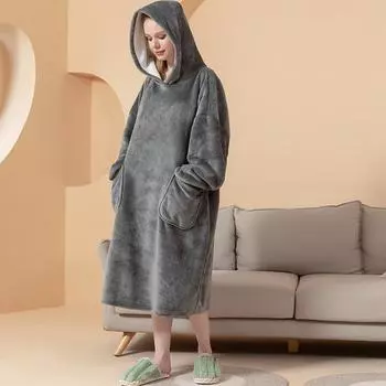Женский фланелевый халат с капюшоном, свободная мягкая одежда для сна с двумя передними карманами, однотонная теплая ночная рубашка с капюшоном, зимняя домашняя одежда, халаты, ночные рубашки One size