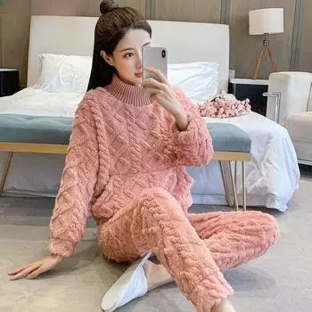 Женский фланелевый пижамный комплект для дома, осень-зима, однотонный пуловер с длинными рукавами, комплект одежды для дома, свободный размер плюс M бежевый