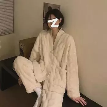 Женский фланелевый пижамный комплект с длинными рукавами и V-образным вырезом – плотный коралловый флис для осени/зимы, для дома и улицы. M