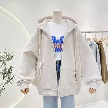 Женский флисовый кардиган, свитер, куртка с капюшоном, свободная молния, повседневный толстый теплый топ M светло-серый