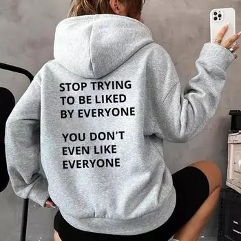 Женский флисовый свитер с длинными рукавами и надписью, карманом-кенгуру, затягивающимся шнурком, с капюшоном XS серый