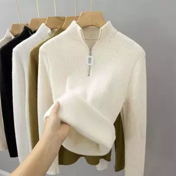 Женский флисовый утолщенный свитер на молнии, зимний повседневный однотонный модный трикотажный свитер, модные свободные топы S чёрный