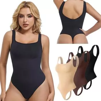 Женский формирователь талии, тренажер для талии, топы на бретелях с квадратным вырезом, бесшовное корректирующее белье с контролем живота и стрингами, подтягивающий ягодицы, Bodyshaper S чёрный