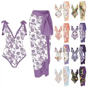 Женский французский винтажный сексуальный комплект из двух предметов с купальником с принтом и длинной юбкой XL хаки