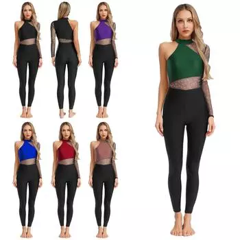 Женский гимнастический комбинезон на одно плечо с длинным рукавом, блестящий сетчатый боди со стразами для фигурного катания S синий