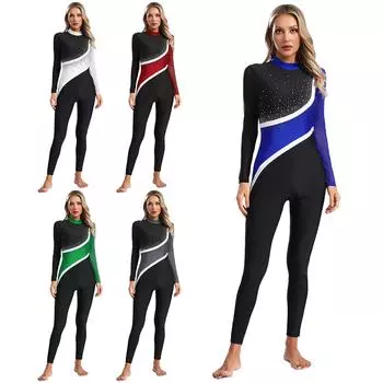 Женский гимнастический комбинезон, танцевальная одежда, блестящие стразы, купальник для всего тела, прозрачная сетка, длинный рукав, боди для фигурного катания S синий