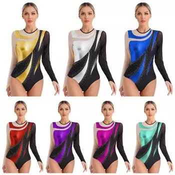 Женский гимнастический танцевальный костюм металлик контрастного цвета с длинными рукавами и вырезом сзади, блестящие боди со стразами S золотой