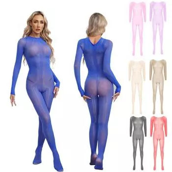Женский глянцевый комбинезон, прозрачный эластичный боди с длинными рукавами, ночное белье на День святого Валентина One Size