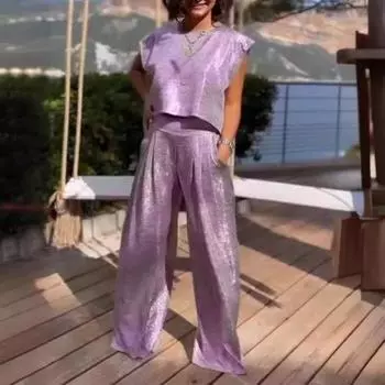 Женский глянцевый костюм из двух частей, укороченный топ без рукавов с круглым вырезом и широкими брюками, повседневный свободный комплект для отдыха M зелёный